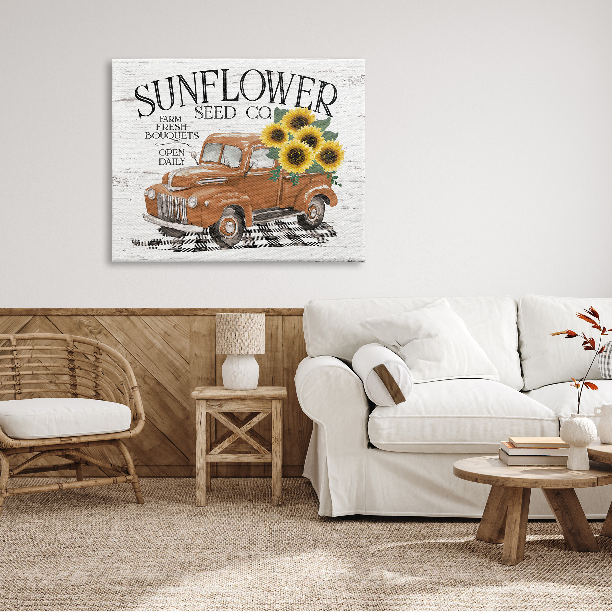 Vintage Sunflower Seed Co. Advertisement Red Farm Truck Transportation Graphic Art Gallery-Wrapped Canvas Print Wall Art