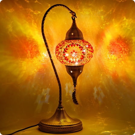 Turkish Moroccan Mosaic Table Lamp with Bronze Base - 3 Color Options Handmade Swan Neck Tiffany Mosaic Glass Bedside Lamps for Bedroom, 19"