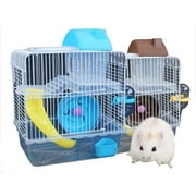 Double Layer Villa Shape Iron Wire Cage with Feeding Bowl Running Wheel Slide Toy for Pet Hamster Brown 23*17*28cm