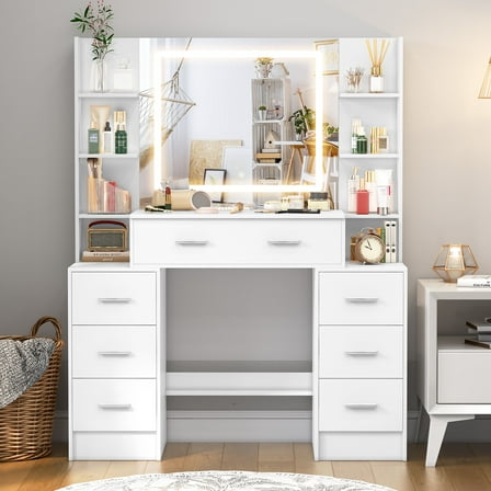 Caulitar Makeup Vanity Table with Mirror and LED Lights, White Modern Vanity Desk with 7 Drawers & 6 Shelves for Women