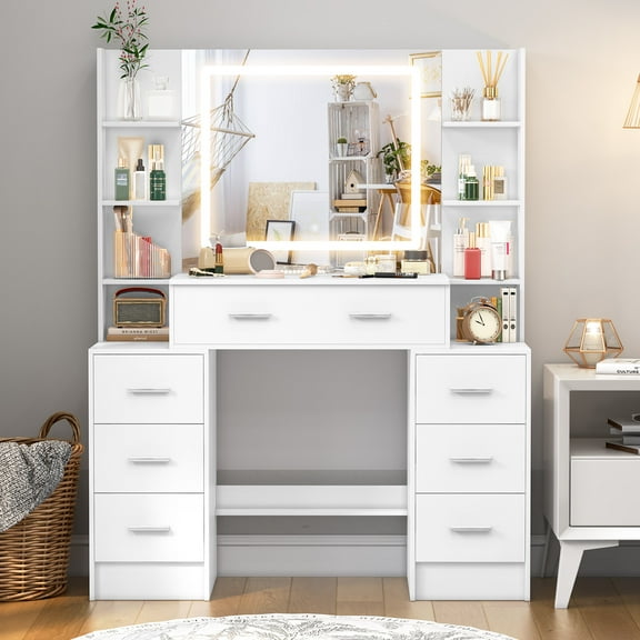 Caulitar Makeup Vanity Table with Mirror and LED Lights, White Modern Vanity Desk with 7 Drawers & 6 Shelves for Women