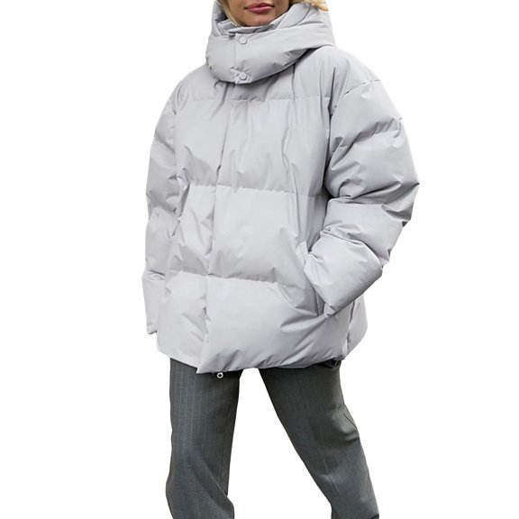 Women's Winter Casual Puffer Coat Solid Color Long Sleeve Hooded Quilted Zipper Jacket