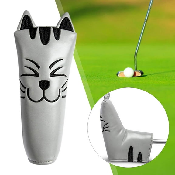 Golf Club Head Covers Thick Golf Cue Protection Equipment Cat Pattern Wedges Putter Cue Headcover for Outdoor Travel Golfer Unisex Beginners Straight Grey