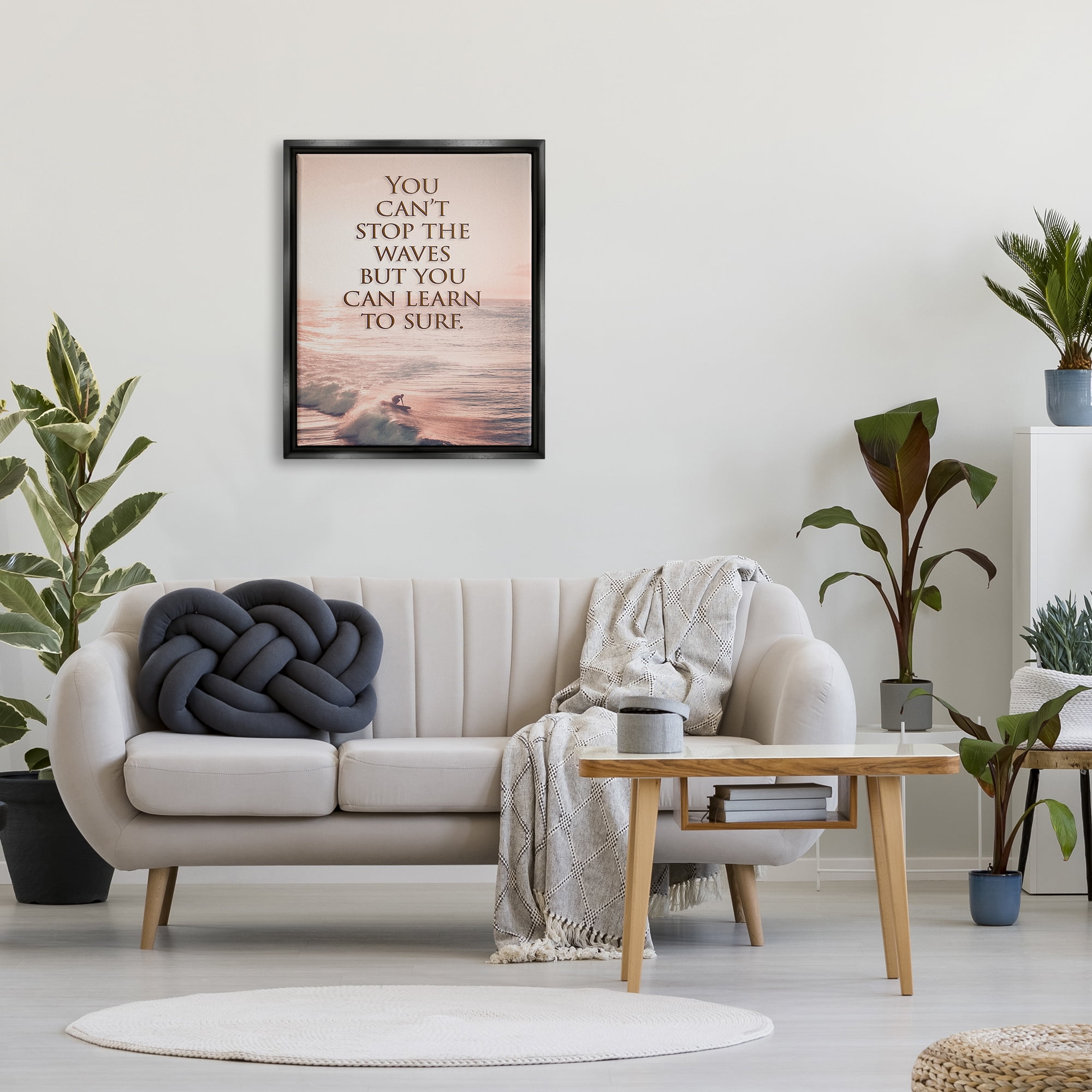 Stupell Industries Motivational Learn to Surf Landscape Painting Black Floater Framed Canvas Art Print Wall Art, 25 x 31