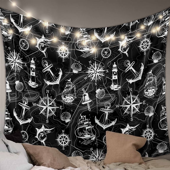 Nautical Black Tapestry for Bedroom Wall Hanging Tapestry, Retro Sailing Boat Map Anchor Rudder Ceiling Backdrop Tapestries Poster Blanket Wall Decor for Teens Room Living Room Dorm 51" x 59"