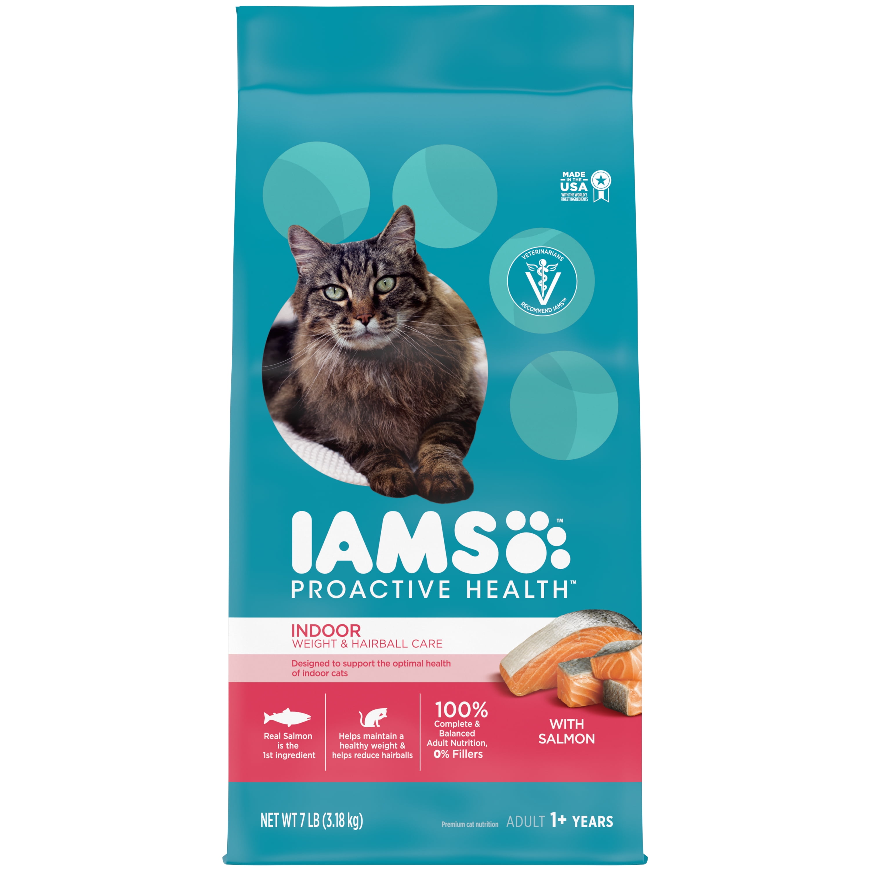 IAMS PROACTIVE HEALTH Indoor Weight & Hairball Care Salmon Dry Cat Food for Adult Cat, 7 lb. Bag