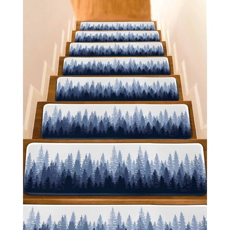Navy Blue Ombre Stair Treads for Wooden Steps Indoor Runner Rug Carpet Primeval Forest Modern Abstract Art Aesthetics 4 Pieces Peel and Stick Staircase Step Treads Covers Throw Door Mats 30 x8