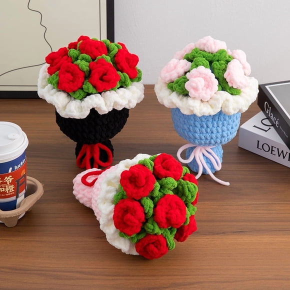Ramo de Flores de Crochet Hecho a Mano – Arreglo Floral Artificial Reutilizable para Regalos y Decoración Del Hogar