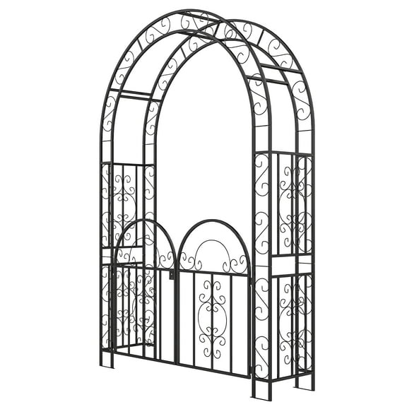 Homiyad 7.4ft Steel Garden Arch with Gate, Garden Arbor Trellis for Climbing Plants, Roses, Vines, Wedding Arch Stand for Outdoor, Garden, Lawn, Backyard, Black