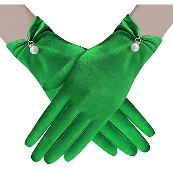 Namzi Gloves 1-Pair Pearl Gloves, Wedding Gloves, Bridal Gloves, Satin Gloves, Elegant Gloves for Formal Weddings, Evenings & Dances,Green