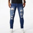 thumbnail image 2 of Men's Jeans Classic Ripped Design Jeans Casual Fashion Perforated Patch Trousers Pocket Solid Color Elastic Tight Fitting Small Leg Denim Pants, 2 of 7