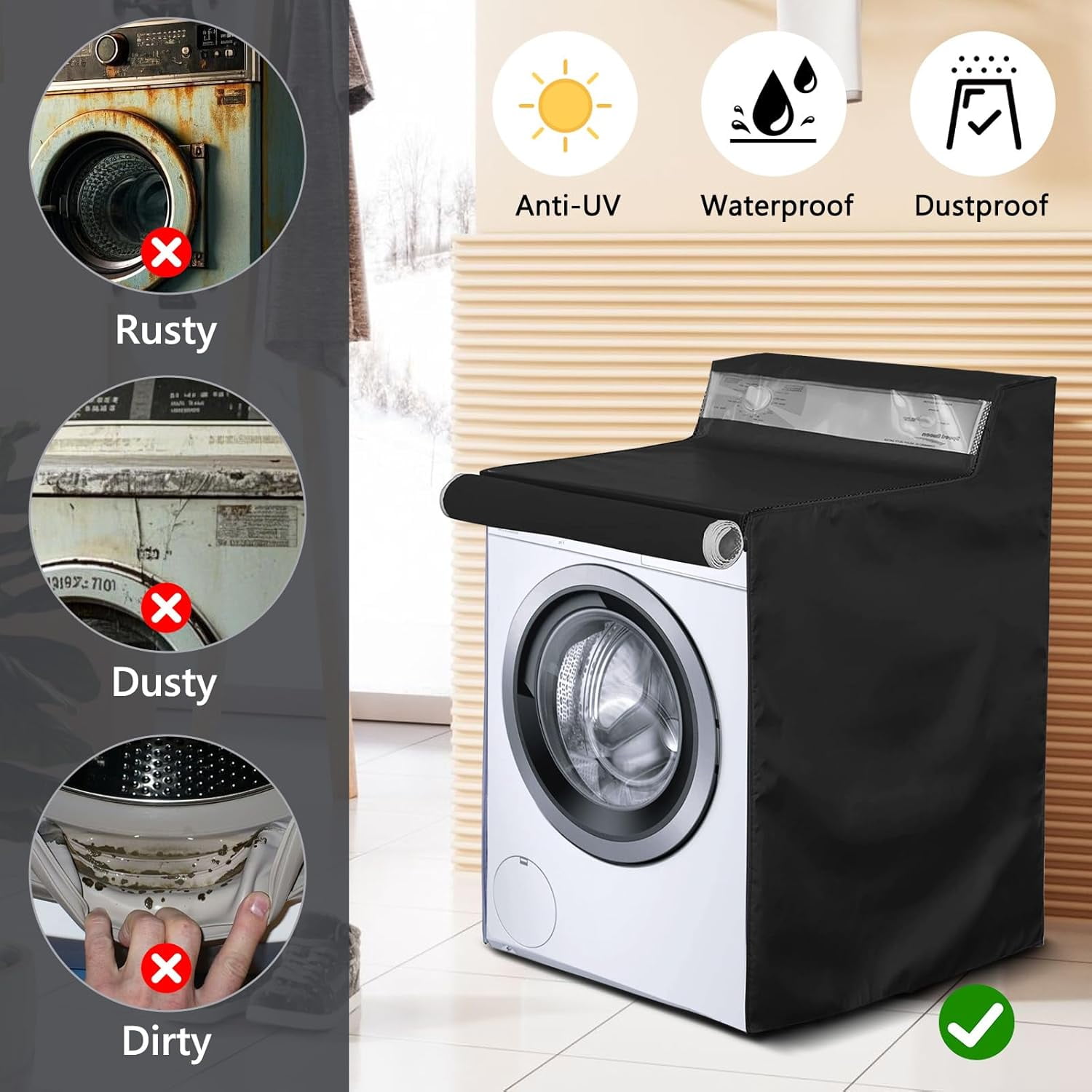 ABPETE 1 Pack Washing Machine Cover, Waterproof Dustproof Washer Dryer Cover with Zipper and Perspective Window ,Fit for Front Load or Top Washer and Dryer 27"Wx26"Dx43"H,Black