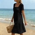 thumbnail image 7 of Josdec Women's Square Neck Short Sleeve Babydoll Midi Dresses Eyelet Hollow Hem Solid Color 100% Cotton Casual Dress for Daily Wear in Spring Summer S-3XL, 7 of 7