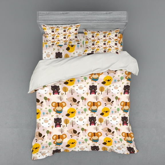 Ambesonne Cartoon Bedding Set 4 Pcs, Caricatures Jungle, Queen, Multicolor