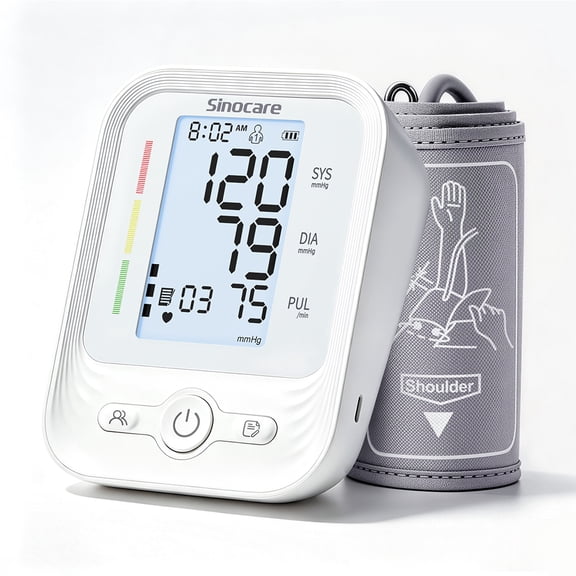 Sinocare Upper Arm Blood Pressure Monitor for Home Use, Large 3-Color Backlit LCD Display, 2*120 Memory, Wide-Range Cuff 8.6 – 16.5 Inches, Irregular Heartbeat Detection