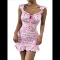 thumbnail image 1 of Vestido Mini Ajustado con Hombros Descubiertos y Estampado Floral para Mujer, con Volantes Fruncidos en el Bajo. Rosa S, 1 of 9