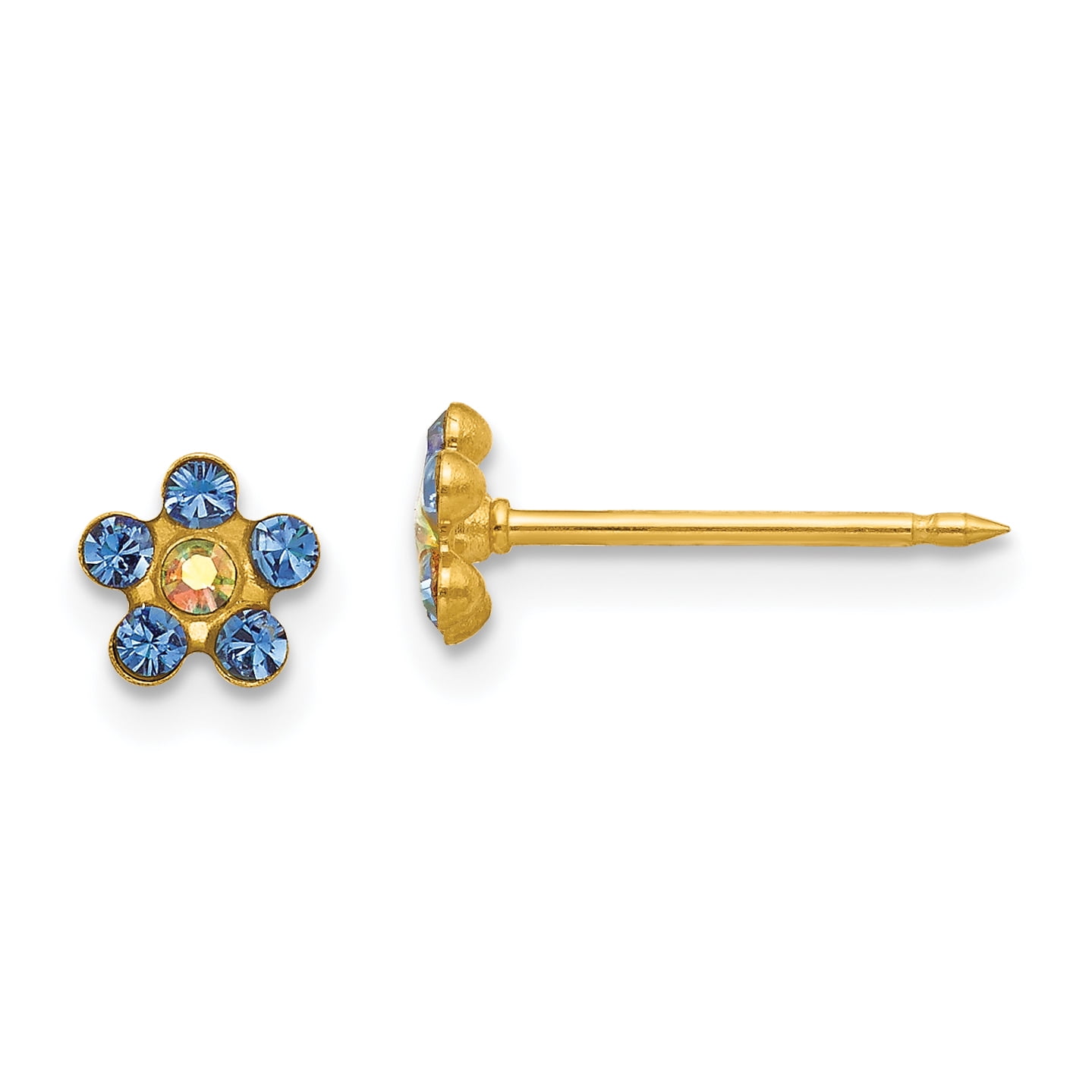 14K Yellow Gold Childrens Inverness 5 MM Blue and Aurora Borealis Crystal Flower Stud Earrings 