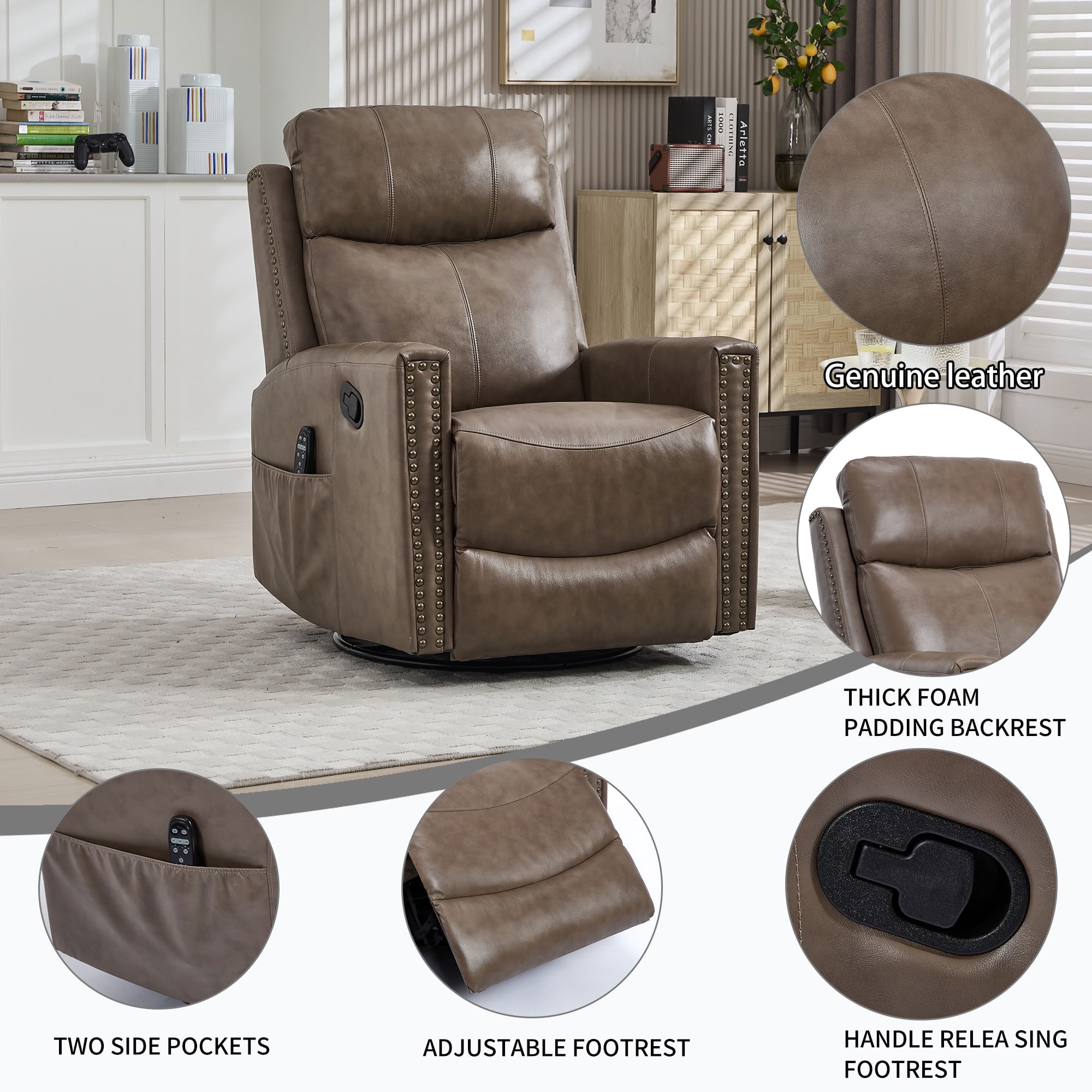 MAYEERTY Genuine Leather Swivel Recliner Chair, Manual Rocker Lounge Chair with 8-Point Massage & Lumbar Heat, for Living Room Home Theater
