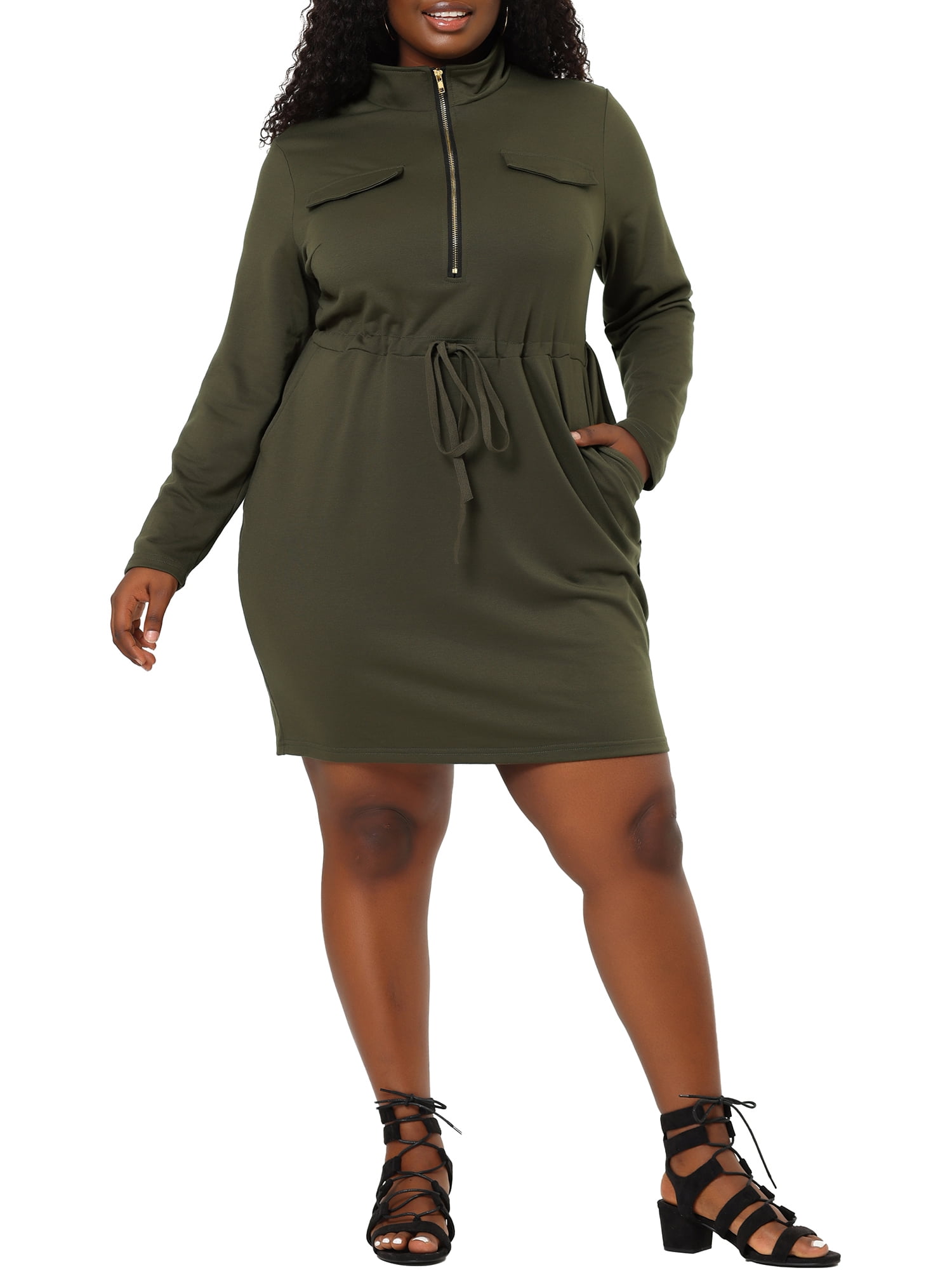 Unique Bargains Women's Plus Drawstring Waist Zip Up Sweatshirt Dress -  Walmart.com
