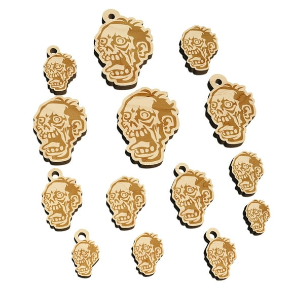 Zombie Undead Creepy Head Wood Mini Charms Shapes DIY Craft Jewelry - With Hole - Various Sizes (16pcs)