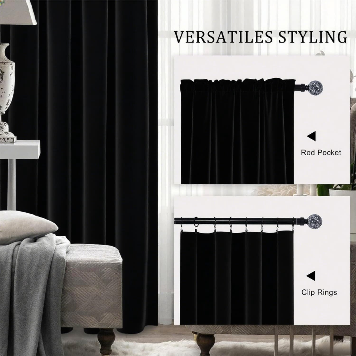 Black 52 X 120 Velvet Curtains for Bedroom & Living Room, Thermal Insulated Light Filtering Drapes, Noise Reducing Rod Pocket Window Treatments, 2 Panels