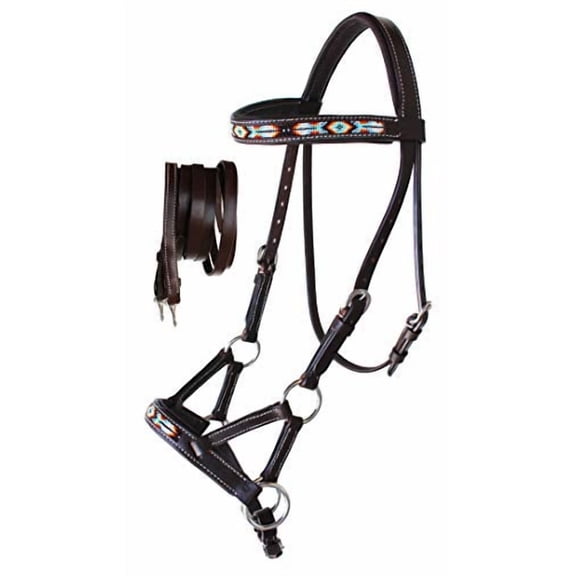 Horse Western Black Leather Bitless Sidepull Beaded Bridle Reins 77RT10