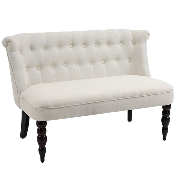 Tufted Cream White Fabric Loveseat with Wooden Legs and Armless Design