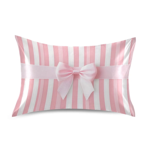 Haosy Satin Pillowcase for Hair and Skin Standard Cooling Silk Pillow Case with Envelope Closure Pink Ribbon Bow 20"x26"