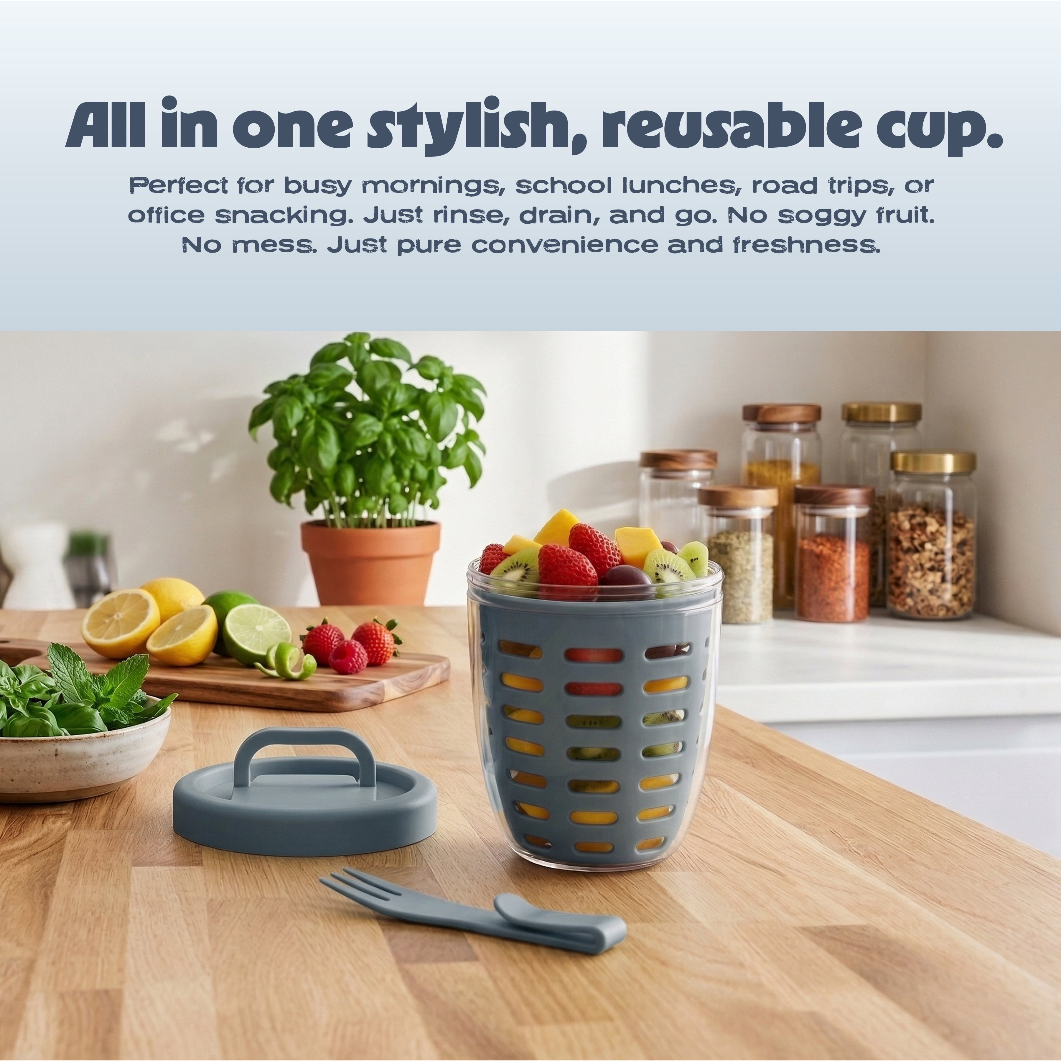 Cook with Color Berry Cup with Removable Colander and Fork, BPA-Free, Dishwasher Safe, Blue