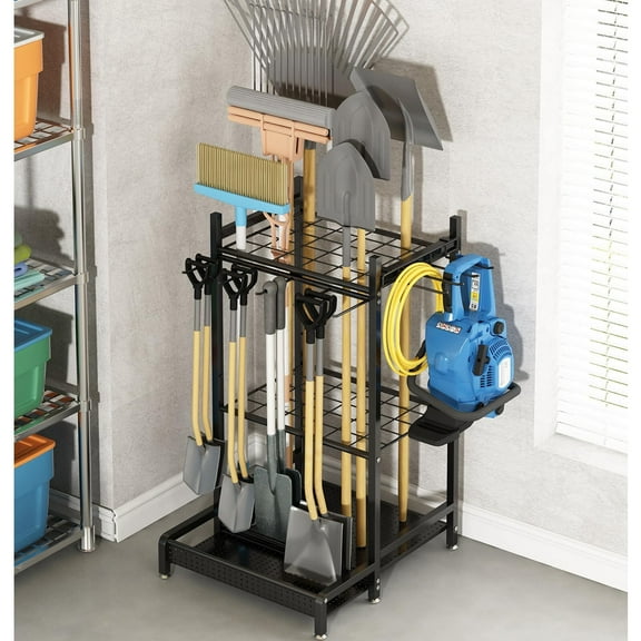 Garden Tool Organizer Rack for Garage Heavy-Duty Storage Stand Black
