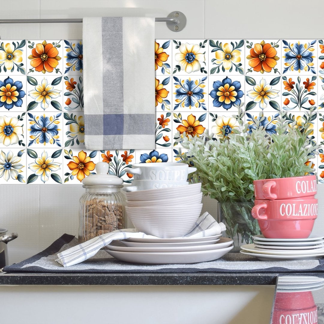 24 Pcs Self Adhesive Tiles Stickers 8 x 8inches Blue Gold Flowers Pattern Wall Decals DIY Decor Peel and Stick Waterproof Tile Kitchen Backsplash
