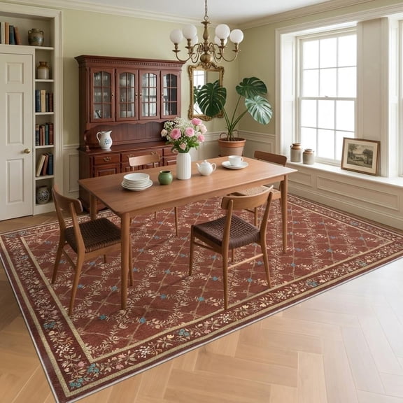 HIWEAVER Red 9' x 12' Geometric Floral Vintage Area Rug for Living Room Washable Non Slip Indoor Carpet for Bedroom Decor Low Pile Farmhouse Floor Cover