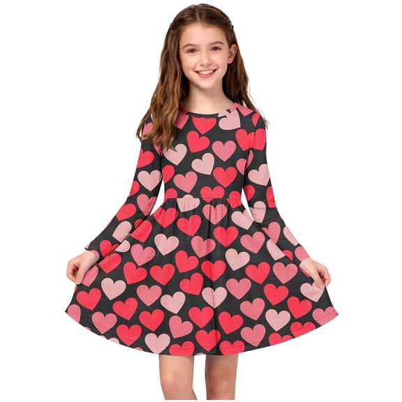 ATOGUTA Girls Dresses Valentines Long Sleeve T-Shirt Dresses Kids Spring A-Line Twirly Skater Dresses Size 4T-14, Black