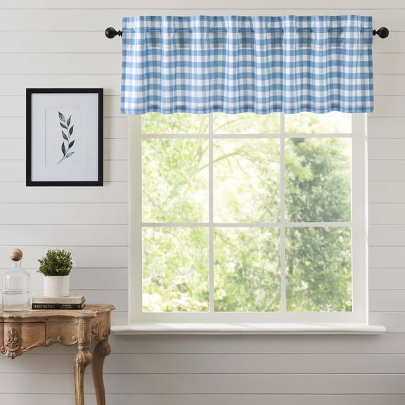 VHC Brands Annie Blue Buffalo Check Farmhouse Valance Kitchen Curtain 16x72