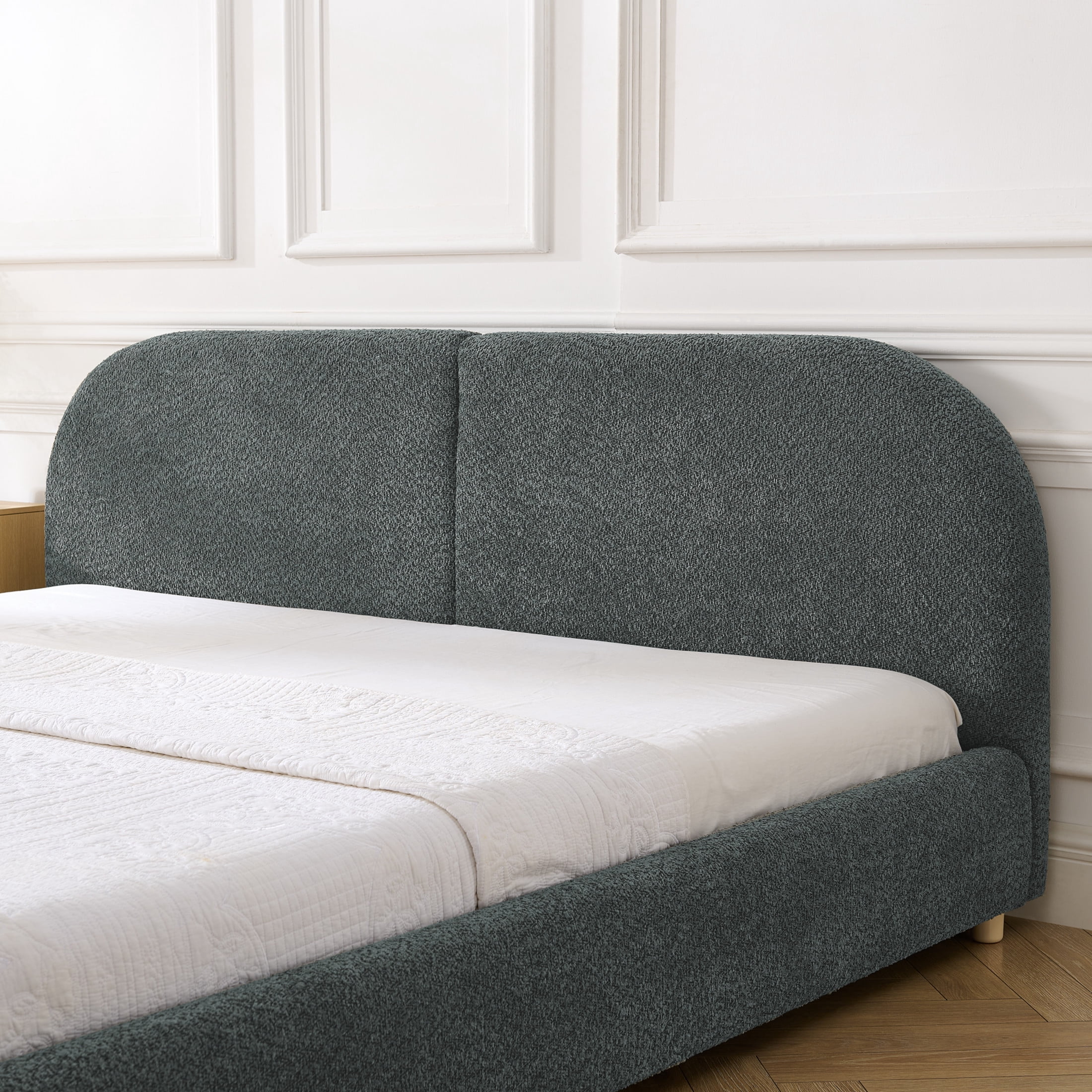 Noble House Roland King Size Yarn Upholstered Bed Frame, Tall Curved Headboard Platform Bed, Sturdy Support, Dark Gray