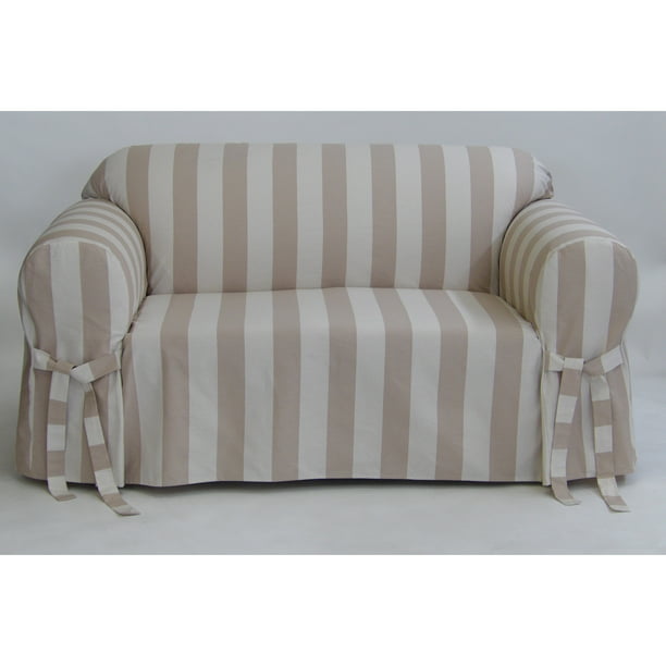 Classic Slipcover Cabana stripe one piece sofa slipcover taupe/tan ...