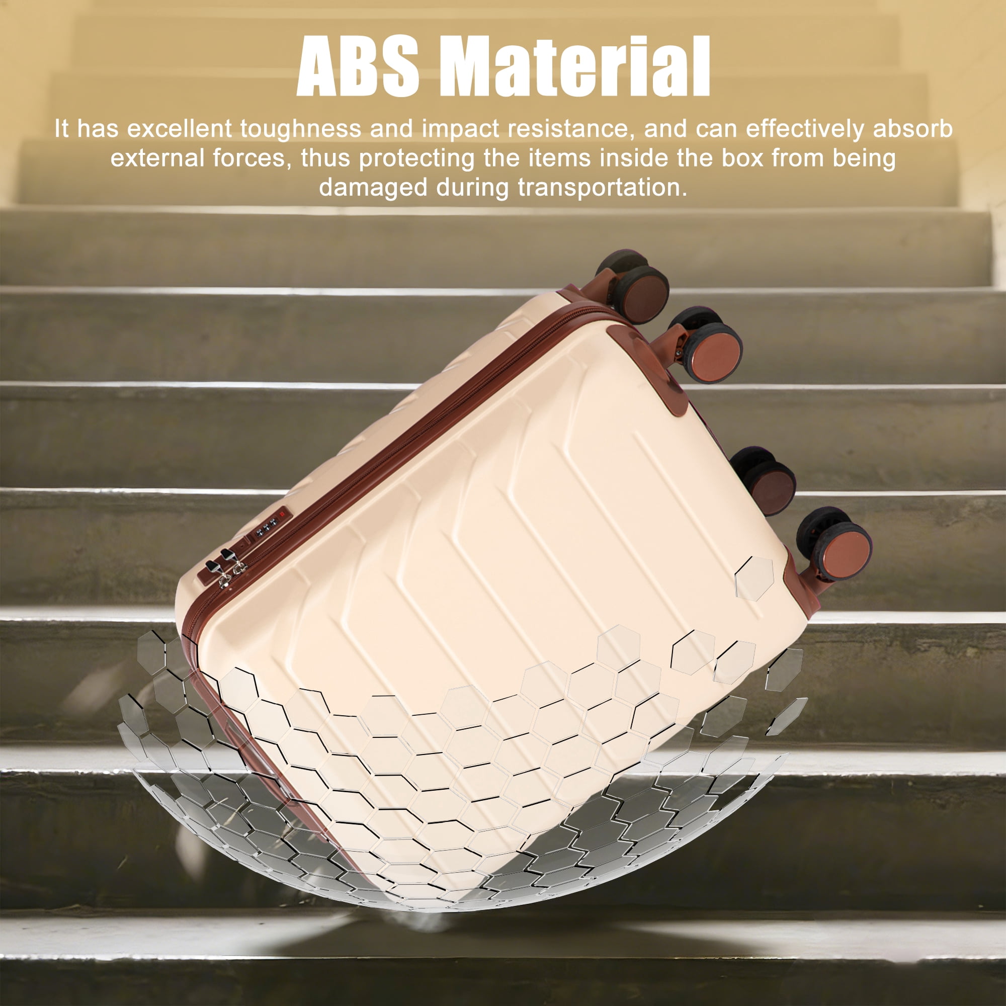 20 Inch ABS Hard Shell Carry-On Luggage, Airline Approved, Scratch Resistant, 4 Spinner Wheels, Built-in Combination Lock, Lightweight Waterproof Suitcase (Beige)