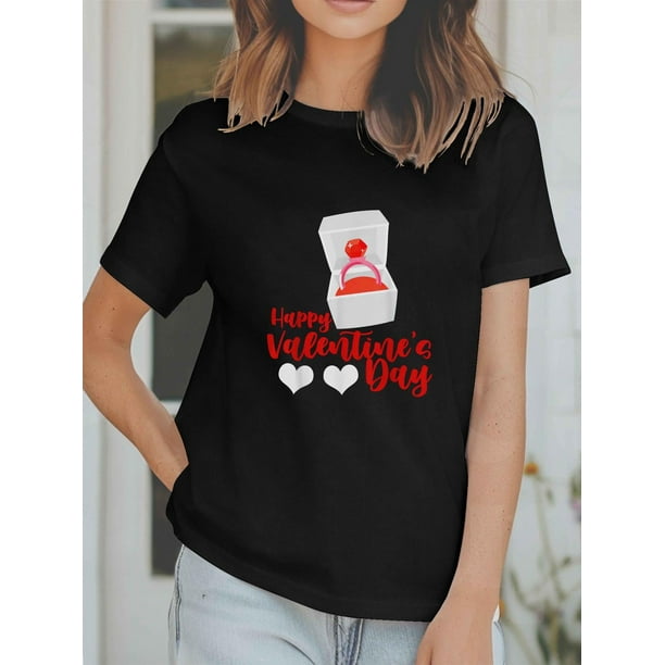 Women's Valentine's Day T-Shirt, Casual Crew Neck Short Sleeve Top with Funny Slogan Print, 95% Polyester 5% Spandex Knit Fabric, Summer Season Tee Tee For Adult, Men, Women, Teen, Teenager, Adolesce