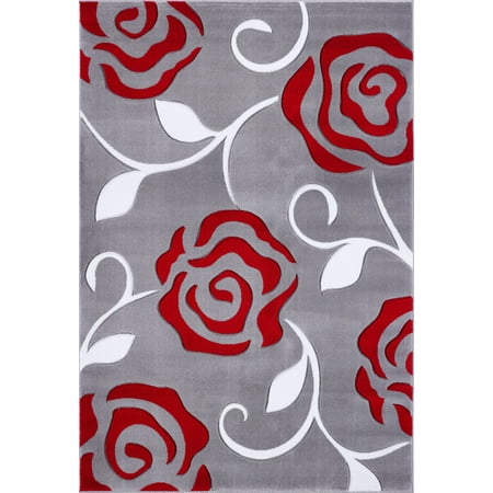 Gray Reid Ladole Rugs Turkish Rose Floral Pattern Innovative European Machine Made Area Rug Carpet in Grey Red, 4x6 (3'11