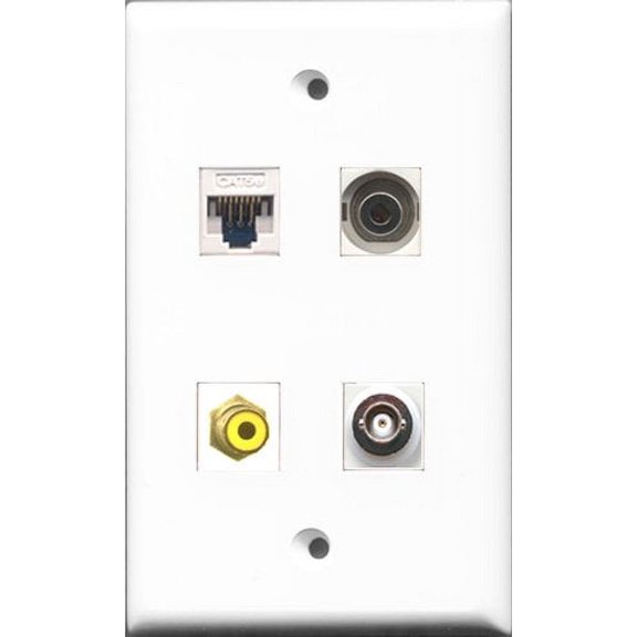 RiteAV - 1 Port RCA Yellow and 1 Port 3.5mm and 1 Port BNC and 1 Port Cat5e Ethernet White Wall Plate