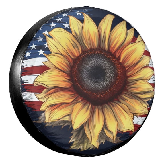 KAKALAD Sunflower American Flag 01 Spare Tire Cover Universal Vehicle Accessories Buckle Car Tools 14”in