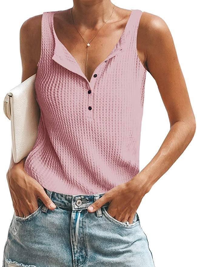 Aranmei Womens Sleeveless Button Down Shirts V Neck Tank Tops Waffle Kint Tie Front Shirt