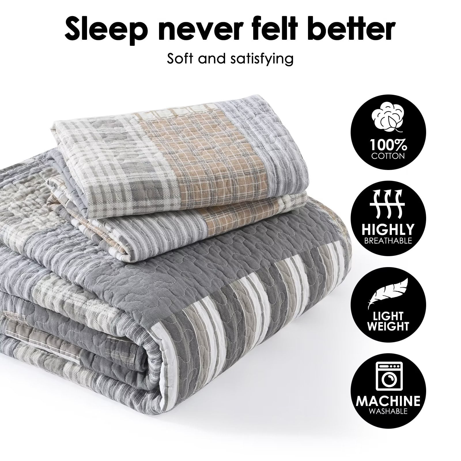 Bedduvit 100% Cotton King Size Quilt Set - Farmhouse Grey Brown Beige Quilt King Size Bedspread, Patchwork Striped Plaid Soft Lightweight Reversible Coverlet Bedding Set with 2 Shams for All Season