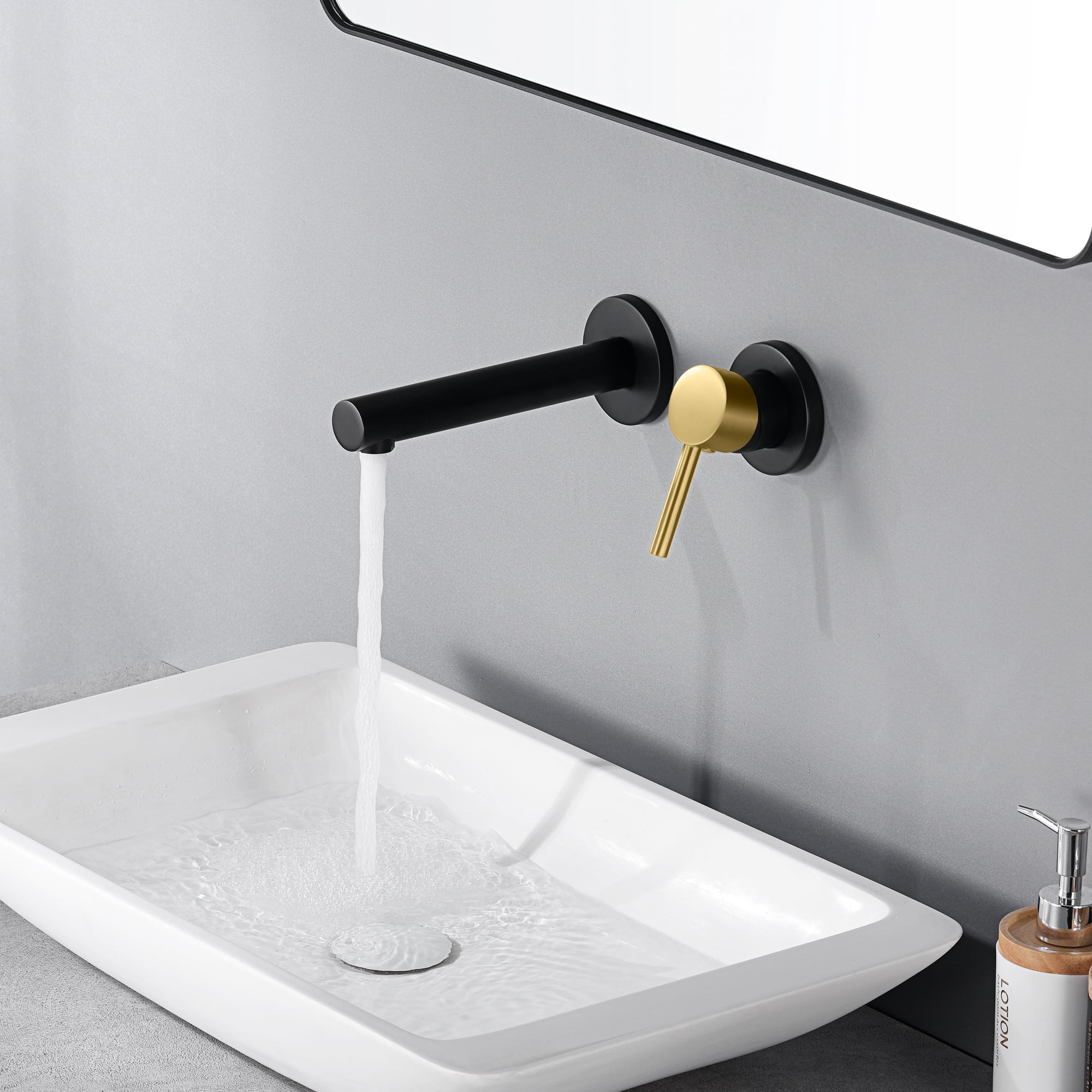 SUMERAIN Wall Mounted Bathroom Sink Faucet Black and Gold Finish, Lavatory Faucet with Single Handle and Rough in Valve
