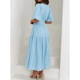 thumbnail image 3 of Women's V Neck Puff Sleeve Midi Dress with Ruched Detail Lined Body Lightweight Fabric 95% Polyester 5% Spandex, 3 of 20