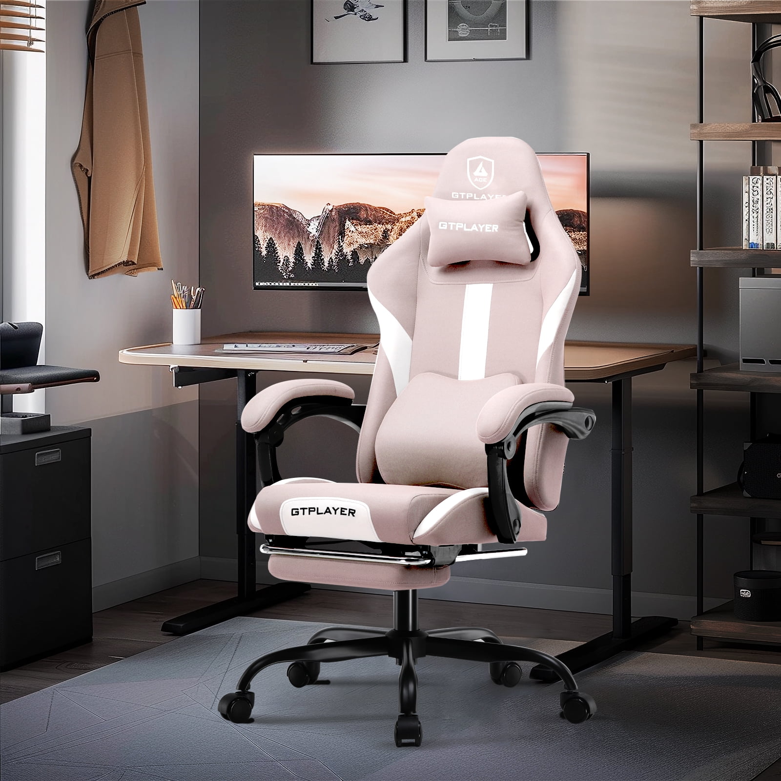 GTPLAYER Gaming Chair Fabric Office Chair with Foorest&Linkage Armrests, Pink