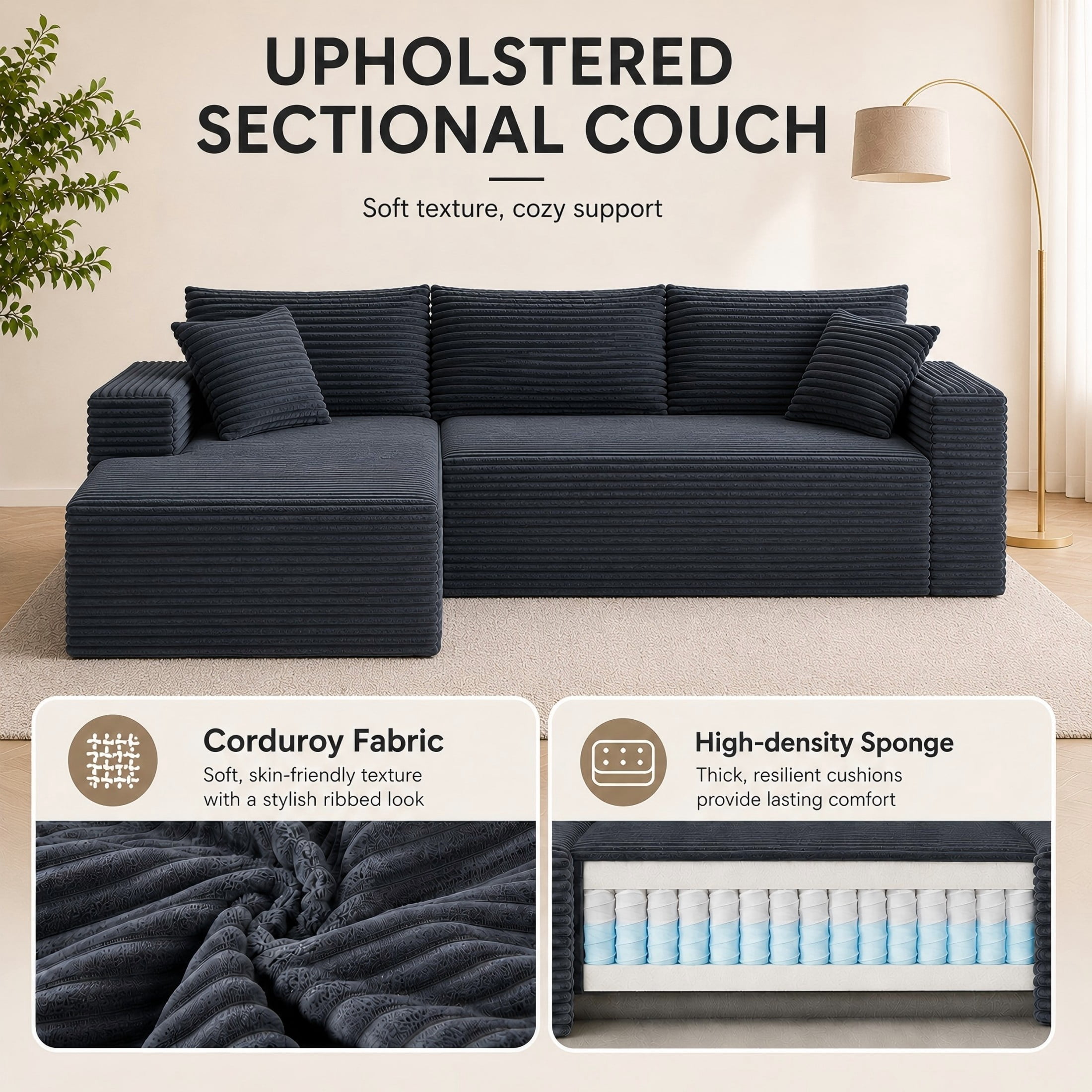 Aukfa 107" Cloud Modular Sectional Couch with Left-Facing Chaise, Corduroy Deep Seat Boneless Sofa for Living Room, Apartment, Gray