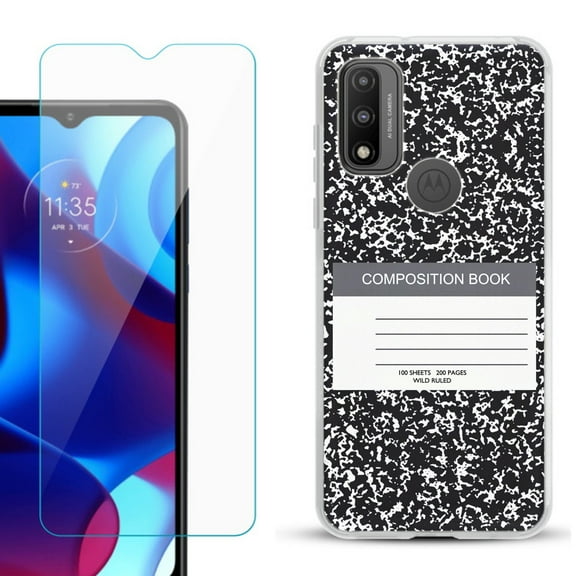 Slim-Fit Gel TPU Phone Case for Motorola Moto G Pure, with Tempered Glass Screen Protector, by OneToughShield ® - Composition Book