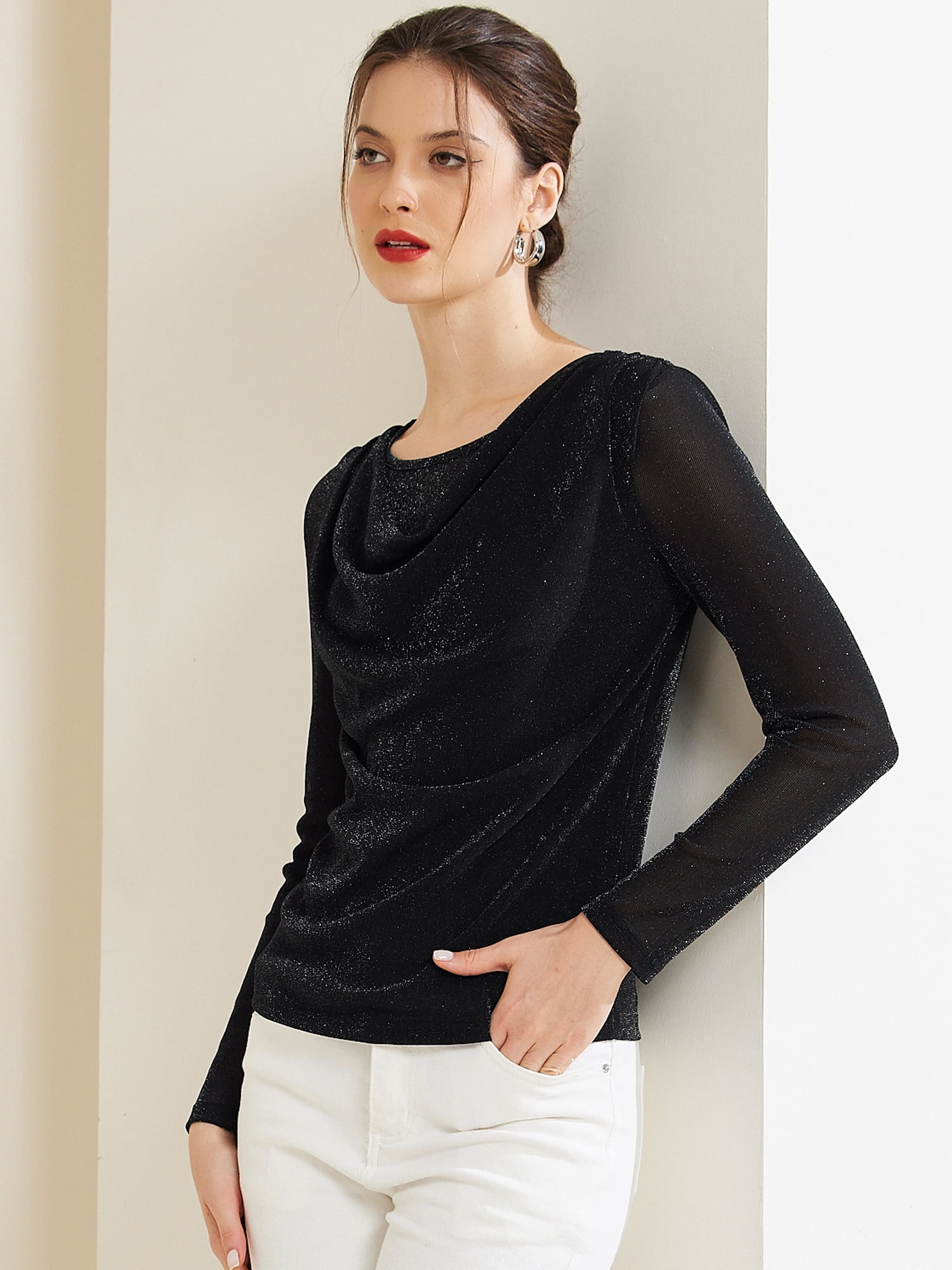 DARING DIVA Women's Ruched Cowl Neck Long Sleeves Glitter Tops S Black