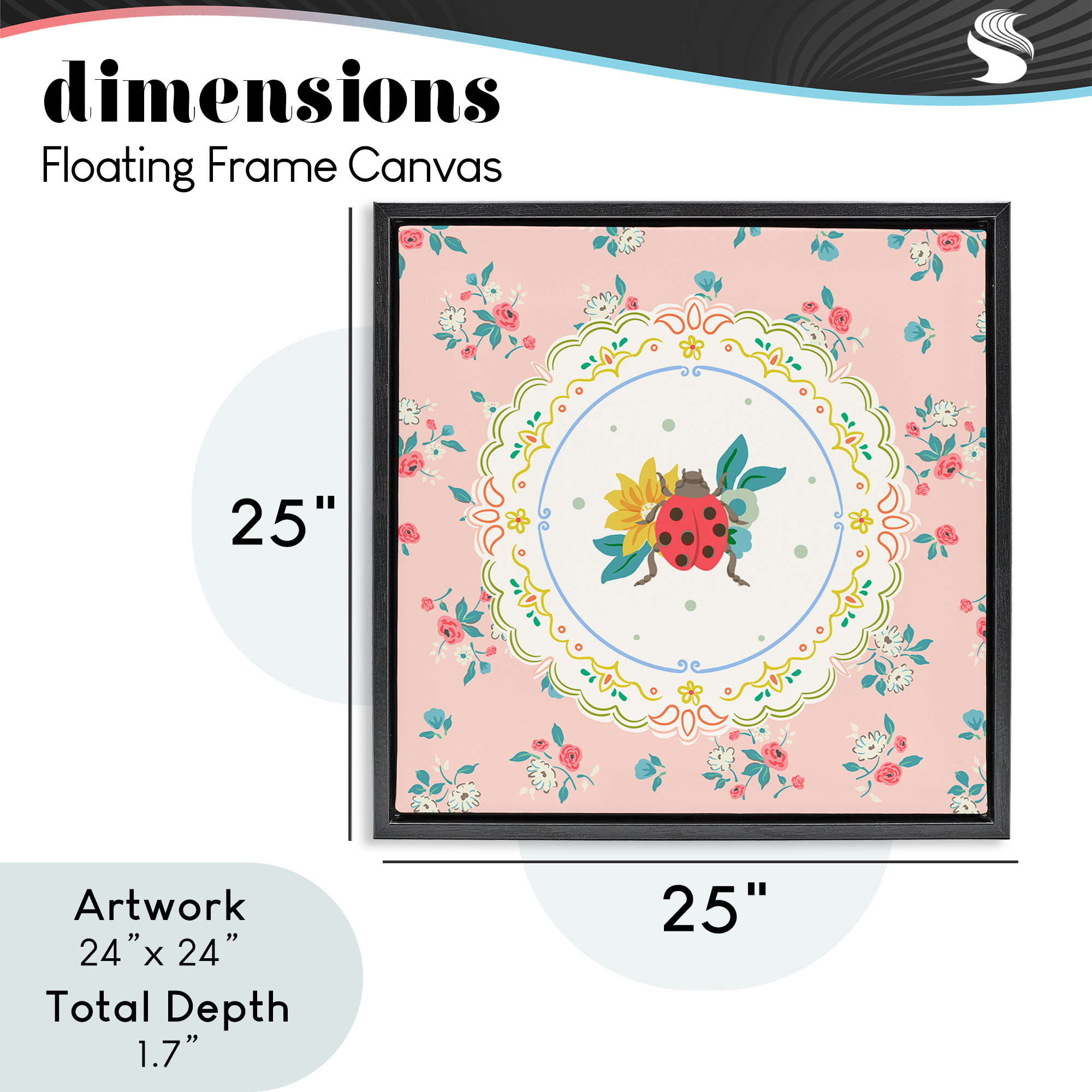 Spring Lady Bug Lace Pattern Black Framed Floater Canvas Wall Art, design by Angela Steahling